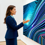 **

A professional woman, fully clothed in a modest, tailored business suit, stands confidently in a brightly lit modern art gallery.  Behind her, a large, interactive data visualization artwork displays dynamic patterns responding to ambient sound. The artwork is abstract, using flowing lines and subtle color changes.  Safe for work, appropriate content, perfect anatomy, correct proportions, professional setting, well-formed hands, natural body proportions, family-friendly.

**