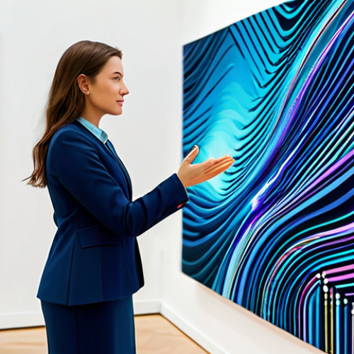 Home 4 **
A professional woman, fully clothed in a modest, tailored business suit, stands confidently in a brightly lit modern art gallery. Behind her, a large, interactive data visualization artwork displays dynamic patterns responding to ambient sound. The artwork is abstract, using flowing lines and subtle color changes. Safe for work, appropriate content, perfect anatomy, correct proportions, professional setting, well-formed hands, natural body proportions, family-friendly.
**
