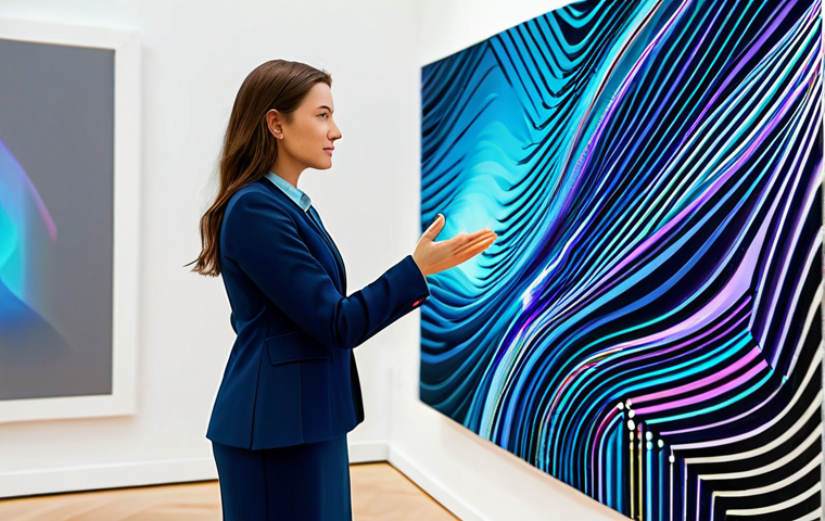 **
A professional woman, fully clothed in a modest, tailored business suit, stands confidently in a brightly lit modern art gallery. Behind her, a large, interactive data visualization artwork displays dynamic patterns responding to ambient sound. The artwork is abstract, using flowing lines and subtle color changes. Safe for work, appropriate content, perfect anatomy, correct proportions, professional setting, well-formed hands, natural body proportions, family-friendly.
**