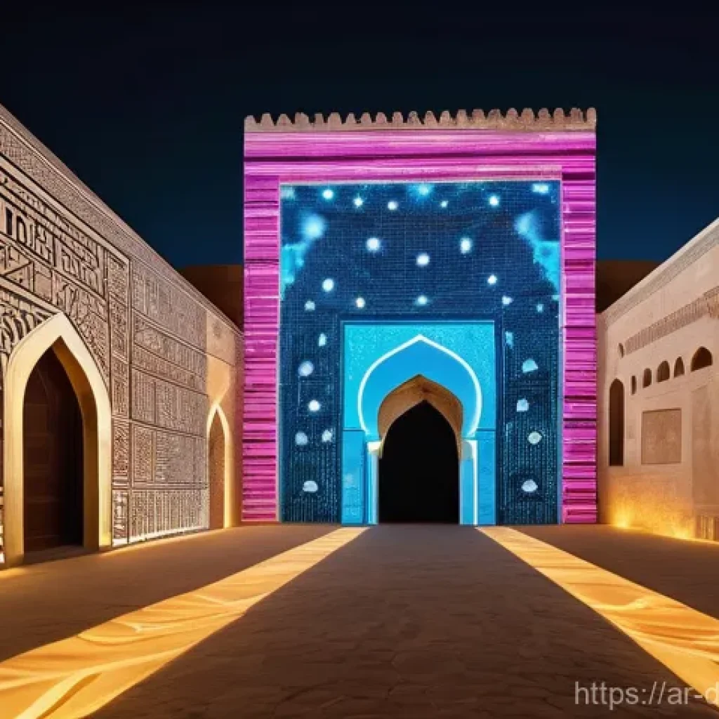 데이터 기반 예술의 정치적 메시지 - **A dynamic digital art installation projected onto the ancient walls of a bustling open-air souk in...