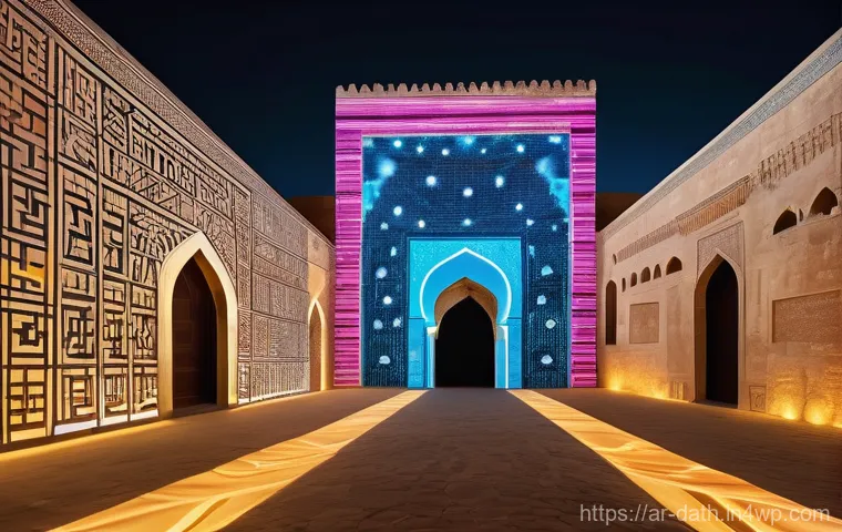 데이터 기반 예술의 정치적 메시지 - **A dynamic digital art installation projected onto the ancient walls of a bustling open-air souk in...