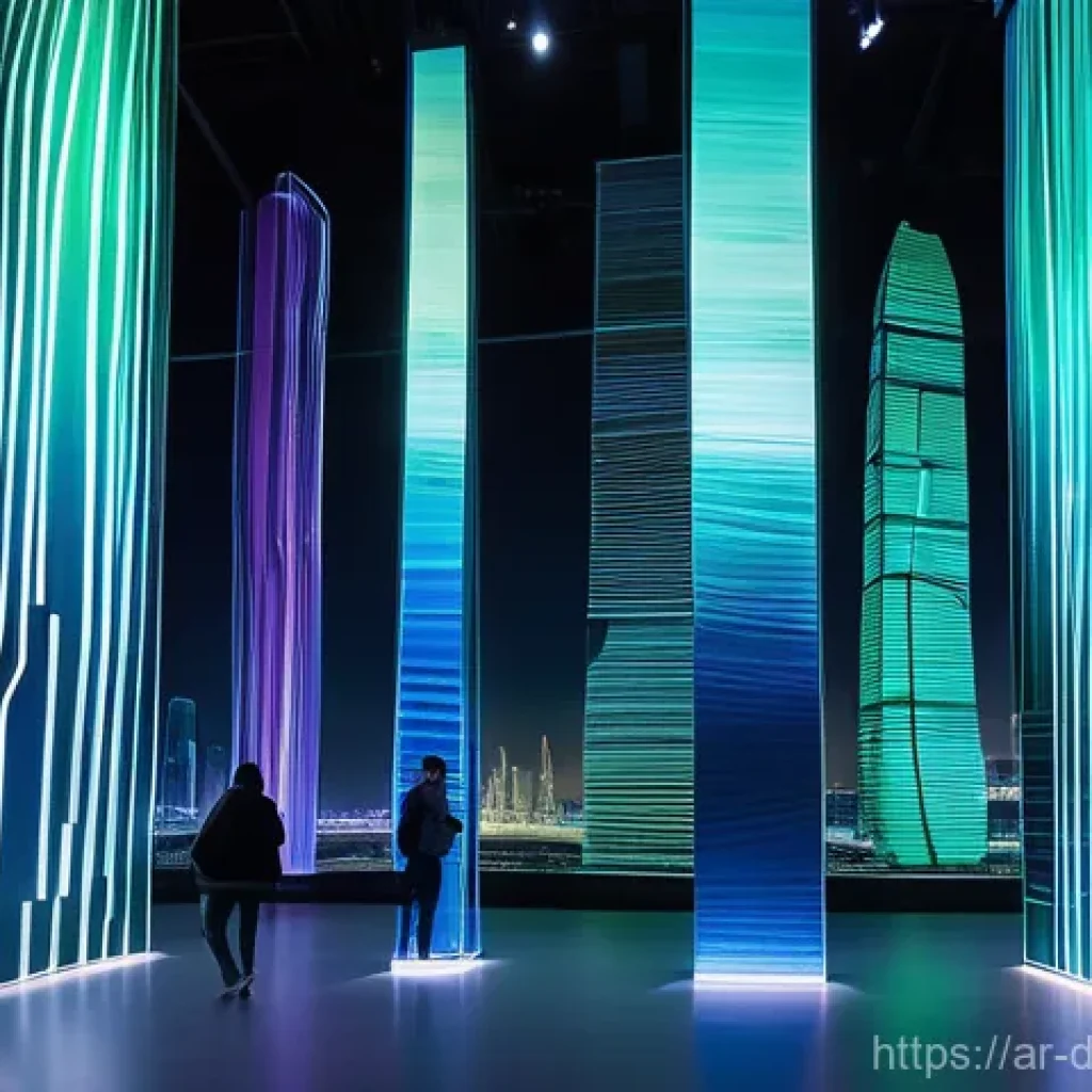 지속 가능한 데이터 기반 예술 프로젝트 - **Vibrant Data Flow in a Futuristic Gallery**
A mesmerizing large-scale digital art installation...
