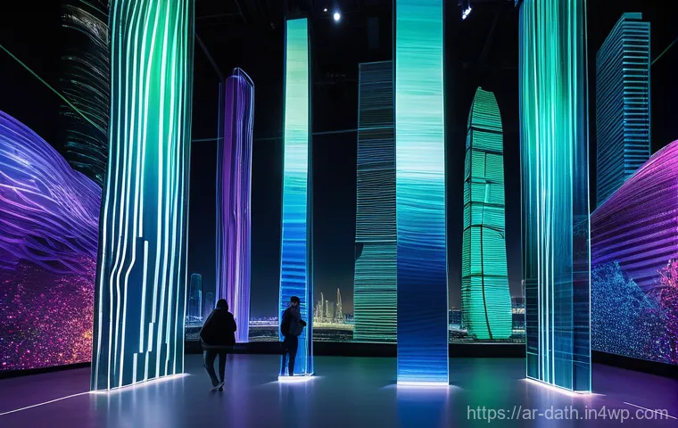지속 가능한 데이터 기반 예술 프로젝트 - **Vibrant Data Flow in a Futuristic Gallery**
A mesmerizing large-scale digital art installation...