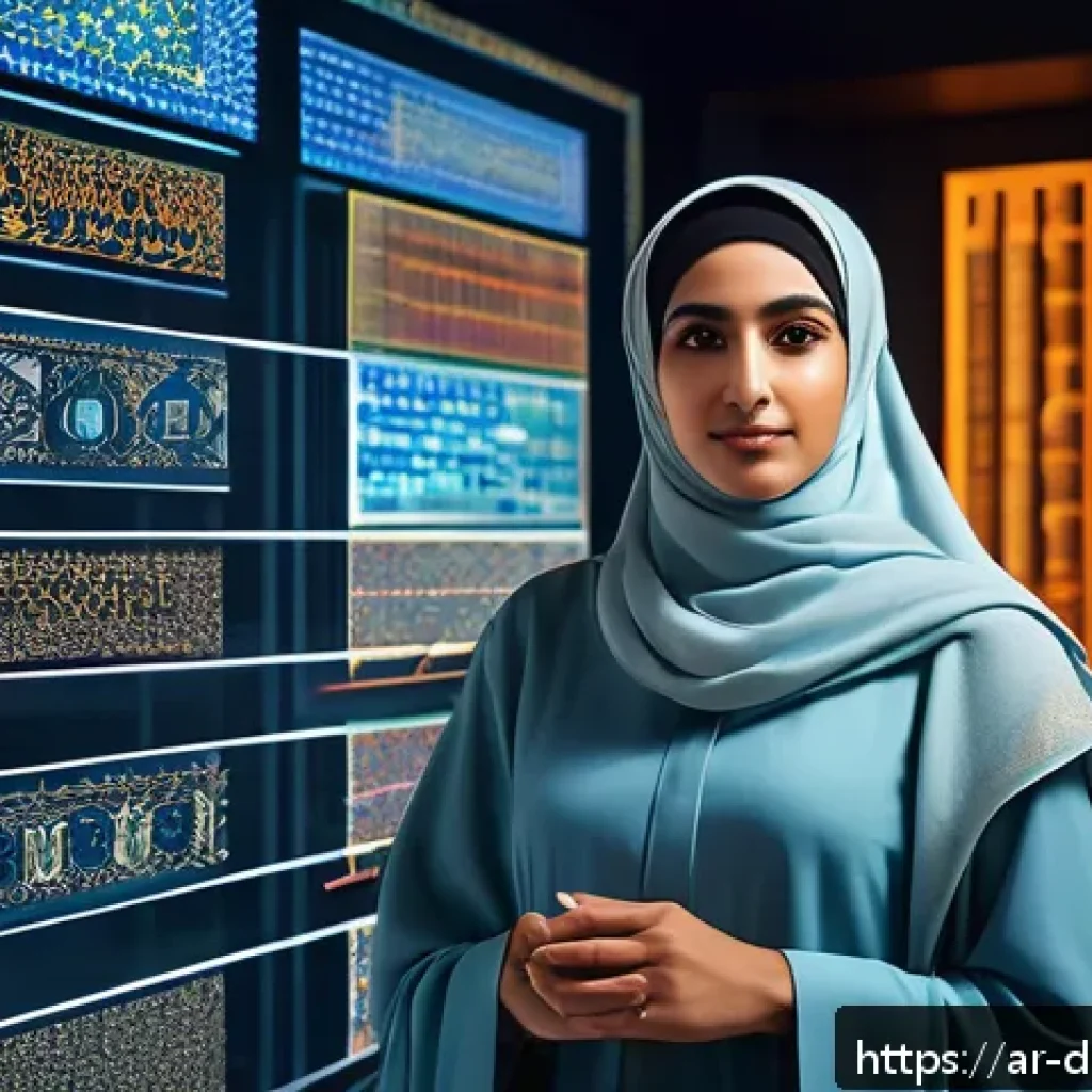 데이터 기반 예술 프로젝트를 위한 리서치 방법 - A sophisticated digital art studio scene featuring an Arab artist wearing modest, culturally appropr...