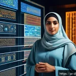 데이터 기반 예술 프로젝트를 위한 리서치 방법 - A sophisticated digital art studio scene featuring an Arab artist wearing modest, culturally appropr...