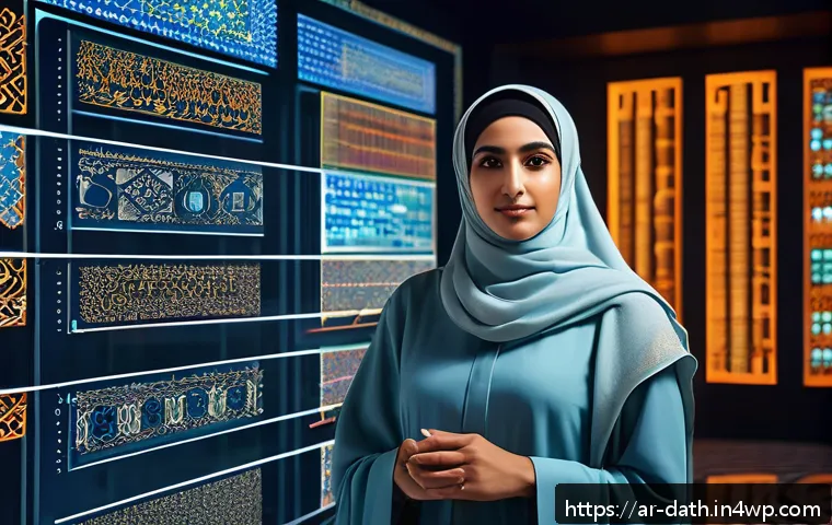 데이터 기반 예술 프로젝트를 위한 리서치 방법 - A sophisticated digital art studio scene featuring an Arab artist wearing modest, culturally appropr...