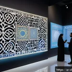 데이터 기반 예술 프로젝트의 접근성 문제 - A sophisticated digital art gallery scene set in a modern Middle Eastern cultural center, featuring ...
