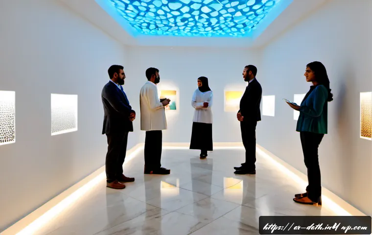 데이터 기반 아트워크의 상업적 성공 사례 - Photorealistic contemporary art gallery in a Gulf Arab city, a large abstract data-driven artwork ma...