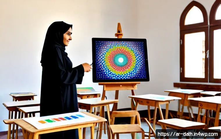 데이터 기반 예술 교육 프로그램 개발 - Photorealistic modern art classroom in an Arab cultural center, a modestly dressed Arab female educa...